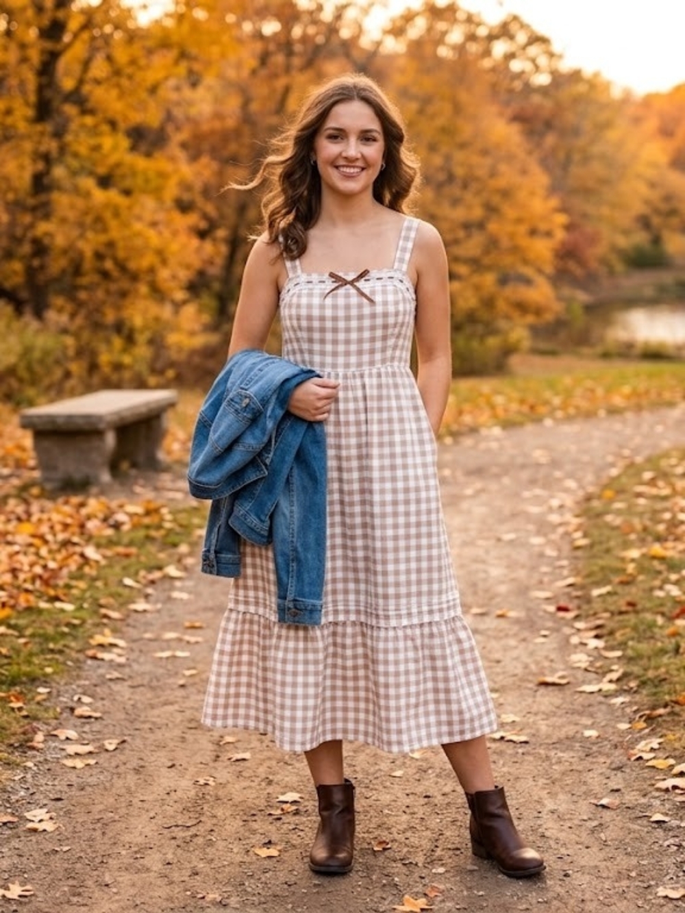 Haute Hippie Beige Gingham Midi Dress with Bow Trim